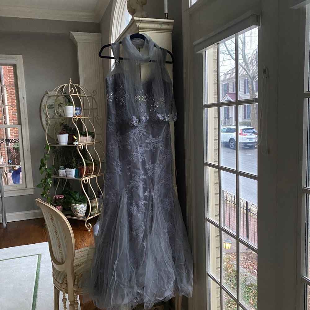 Montage by Mon Cheri - Silver Embroidered Grey/Gold Sequin Tulle Gown Size 10 - Picture 3 of 17